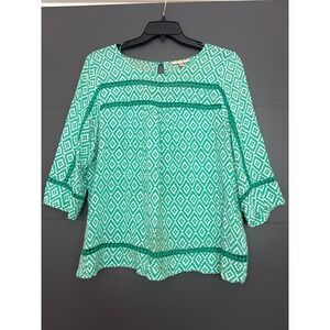 Skies Are Blue Green Geometric Ikat Crochet Trim Blouse Top XL 33769